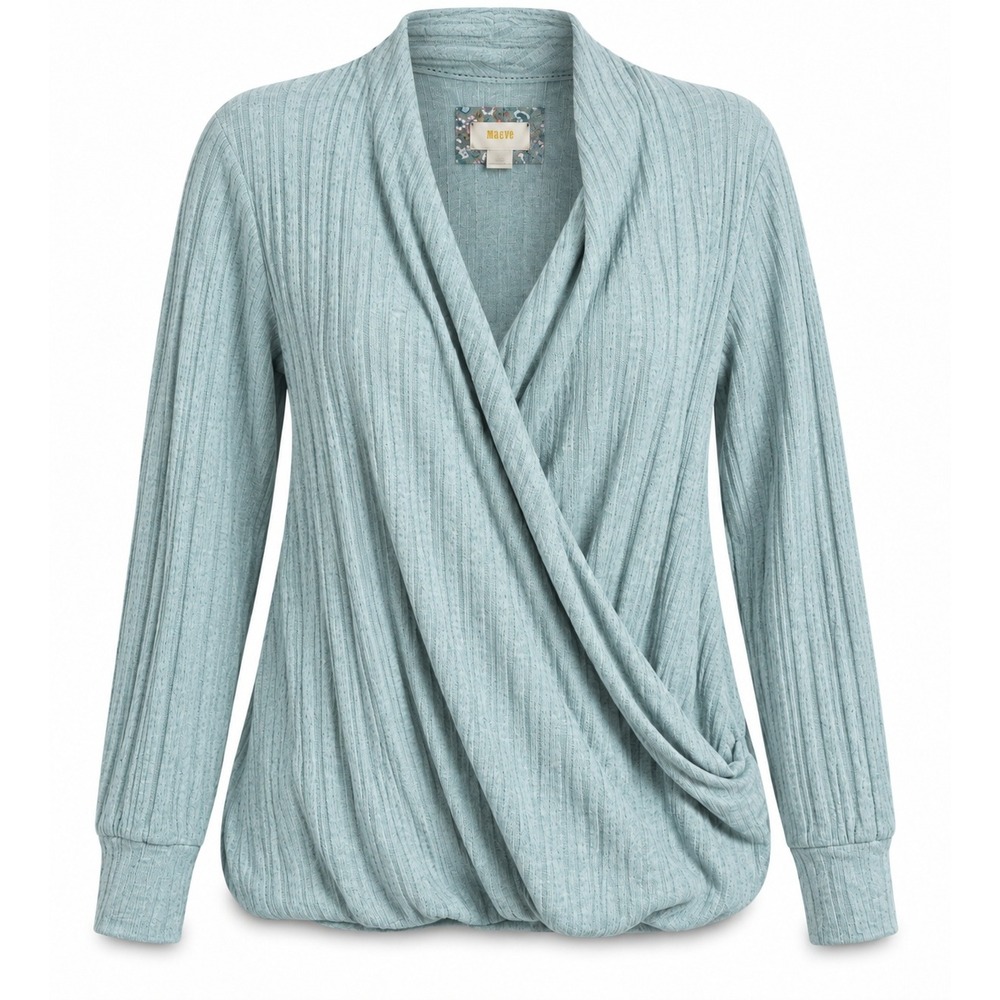 Maeve Anthropologie Aqua Green Ribbed Wrap Surplice Top XL Long Sleeve Draped
